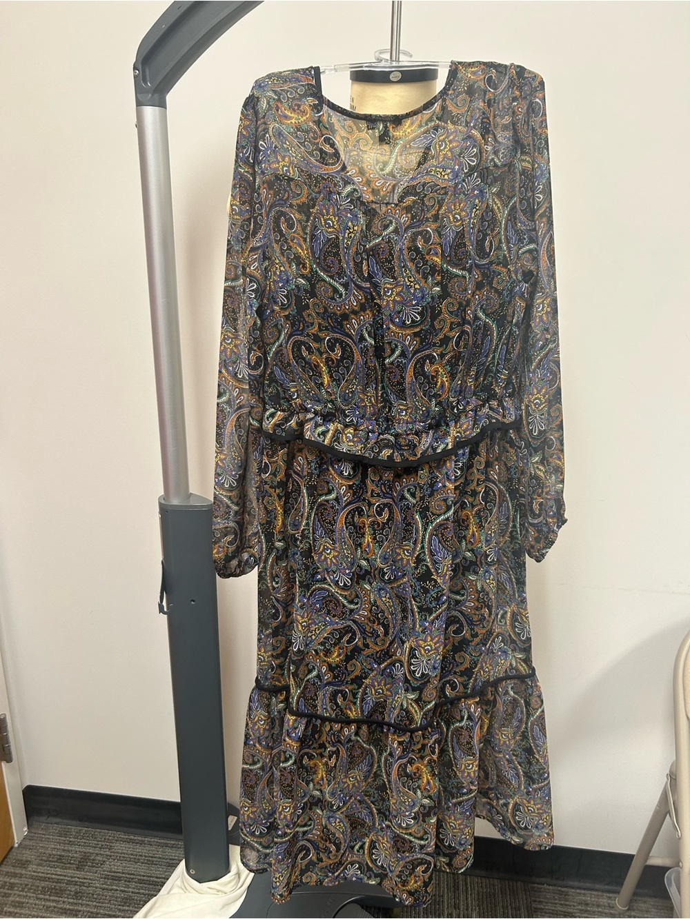 Express Black Paisley Long Sleeve Maxi Dress with Gold & Blue Accents